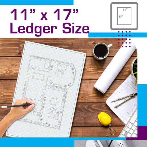 Better Office Products Graph Paper Pad, 17" x 11", 25 Sheets, Double Sided Blueprint Paper with Blue Line Border