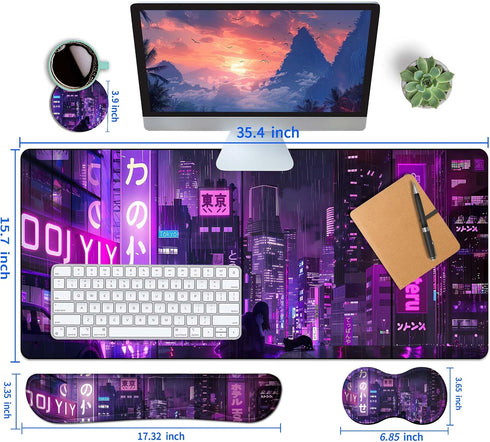 HaoSiTeck 4-Piece Set 35.4 15.7 Extended Large Mouse Pad for Women Men with Purple Anime Design Includes x XXL Large