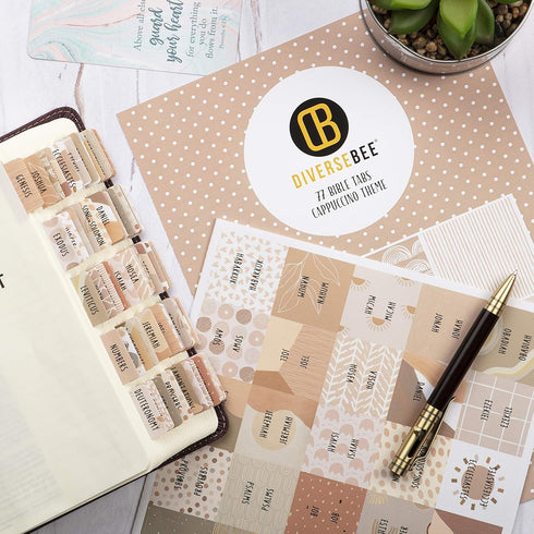 DiverseBee Laminated Bible Tabs, Large Print Bible Journaling Supplies, 66 Tabs with 11 Blank Tabs - Cappuccino Theme
