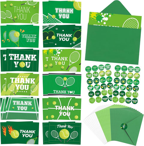TICIAGA 72pcs Tennis Thank You Card with Envelopes and Stickers for Kids,