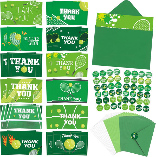 TICIAGA 72pcs Tennis Thank You Card with Envelopes and Stickers for Kids,