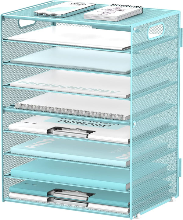 DALTACK 9-Tier Paper Letter Tray Desk Organizer with Handles, Mesh File Holder for Office Home School, Blue