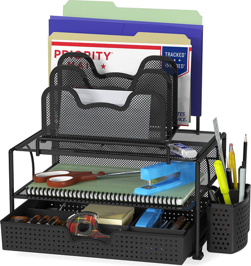 Simple Houseware Mesh Desk Organizer - Sliding Drawer, Double Tray, 5 Stacking Sorter Sections, Black
