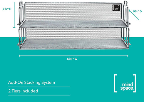 Mindspace 2 Tier Stackable Letter Tray, Paper Tray Desk Organizer, The Mesh Collection, Silver