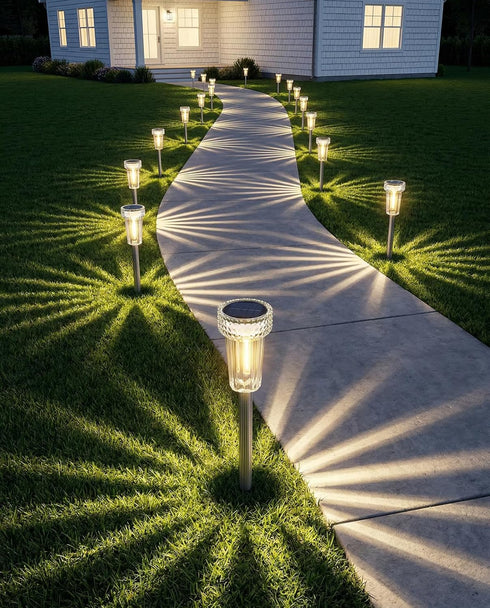 12 Pack DERAYSION Solar Pathway Lights Outdoor, Auto Dusk-to-Dawn Landscape Garden Lighting, Waterproof Stainless Steel