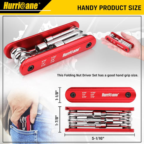 HURRICANE 6 in 1 Folding Nut Driver Set, Premium Portable Aluminum Handle, SAE Hex Nut Driver