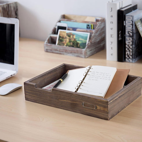 MyGift Set of 2 Stackable Vintage Brown Wood Document Letter Paper Trays with Distressed Finish for Office Desktop