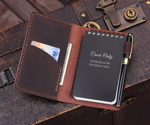 Robrasim Top Bound 3"x5" Memo Notebook Covers, Genuine Leather Cover for 3x5 Top-Spiral Notebook, Note Pad Holder Cover