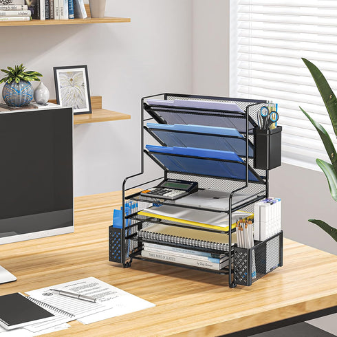 Simple Trending 7 Tier Desk File Organizer, Letter Tray Paper Organizer with Pen Holder and Metal Hanging Basket (Black)