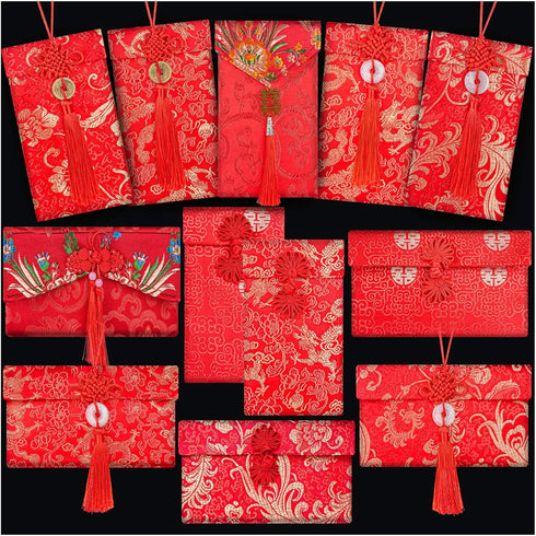 Silk Wedding Red Envelopes 12 Pcs for Lucky Money, Chinese New Year Red Packets for 2024 Spring Festival