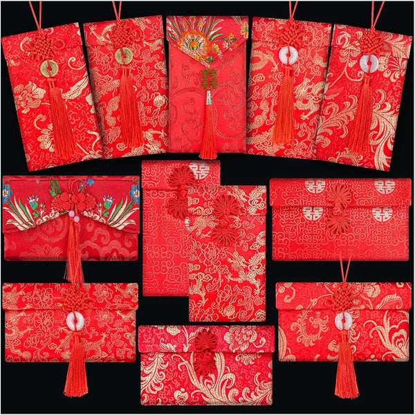 Silk Wedding Red Envelopes 12 Pcs for Lucky Money, Chinese New Year Red Packets for 2024 Spring Festival