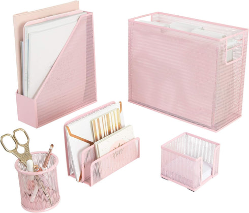 BLU MONACO 5 Piece Pink Desk Organizer Set, Office Supplies with Hanging File Organizer, Magazine Holder, Pen Cup