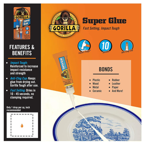 Gorilla Super Glue, Clear Glue, Four 3 Gram Tubes (Pack of 1) - All Purpose Fast Setting for Projects and Repairs