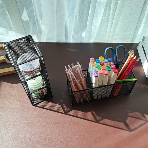 Black Mesh Pencil Holder, 3 Compartments Metal Desk Organizer for Pens, Kitchen Utensils, Small Office Supplies