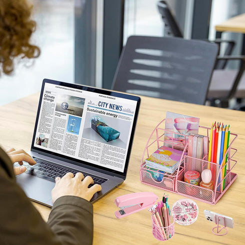 Pink Office Supplies Set with Desk Organizers and Accessories: Stapler, Pen Holder, Phone Holder, Scissors, Ruler, 30