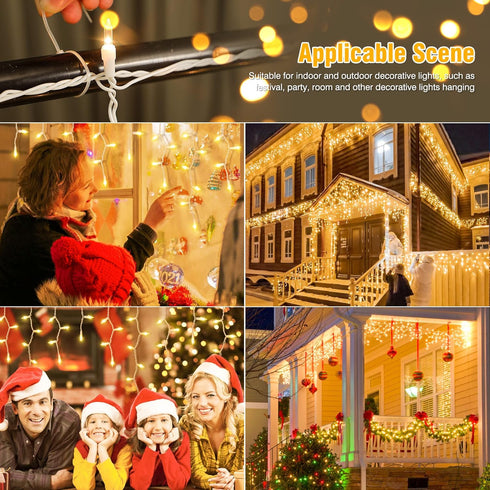 23FT 200 YOUNGAR Icicle Lights Outdoor, Connectable Icicle Christmas Lights,Warm White Plug in Curtain String Lights
