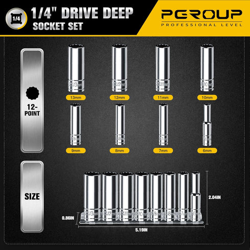 1/4 Inch Drive Socket Set - 8 Piece Metric 12-Point Deep Socket Set (6mm, 7mm, 8mm, 9mm, 10mm, 11mm, 12mm, 13mm)- Cr-V Steel with Sturdy Holder - 50BV30 by pgroup