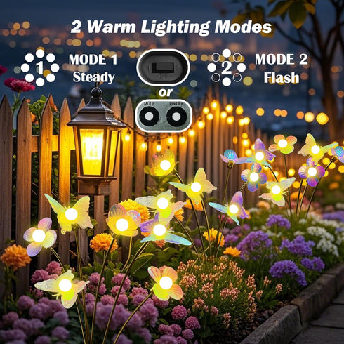 2 Pack 12LED IP65 Solar Swaying Butterfly Lights, Warm White Waterproof Auto On/Off Outdoor Garden Lights for Patio
