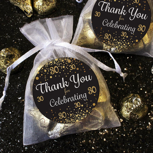 Black and Gold 30th Birthday Thank You Stickers - 1.75 in - 40 Labels