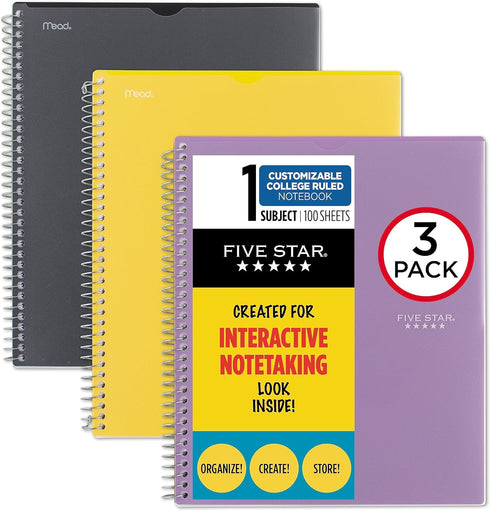 Five Star Interactive Notetaking Spiral Notebooks, 3 Pack, 1-Subject, College Ruled Paper, 11" x 8-1/2", 100 Sheets,
