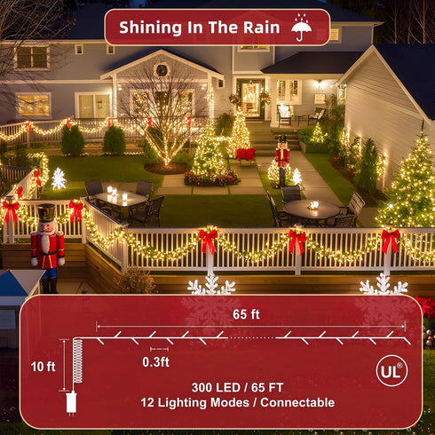 300 75ft, 12 Dimmable LED Outdoor Christmas Lights Lighting Modes Indoor String Lights & Timer Memory, Outsite