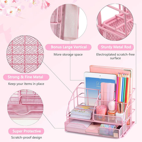 Pink Desk Organizers and Accessories, Pink Office Supplies with Mesh Desk Organizer, Acrylic Tape Dispenser, and