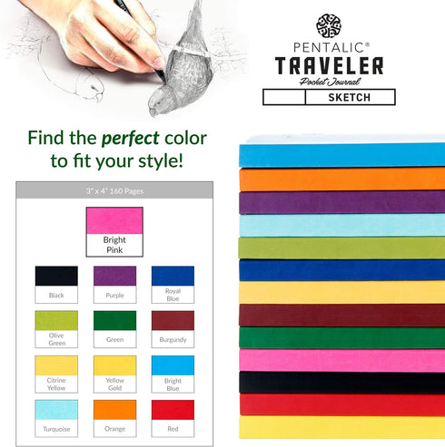 Pentalic Pocket Sketchbook Traveler Journal, 3" x 4", 160 Pages, Bright Pink