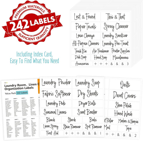 Hebayy 242 pcs Laundry Room Labels, 220 Pre-Printed Waterproof Stickers, 22 Blank Ones for Home Office Organization