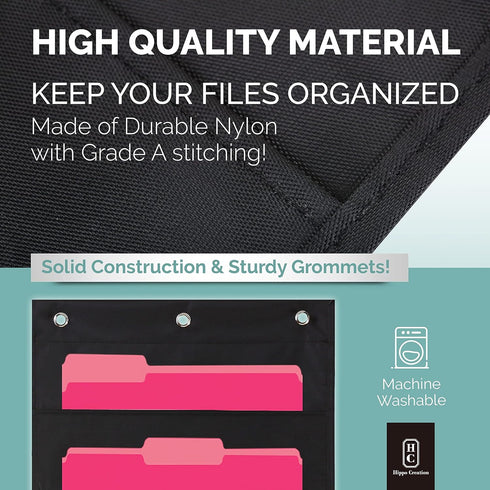 Black Pocket Chart for Classroom - 10 Pocket Storage Rainbow Charts, 2 Over Door Hangers Included