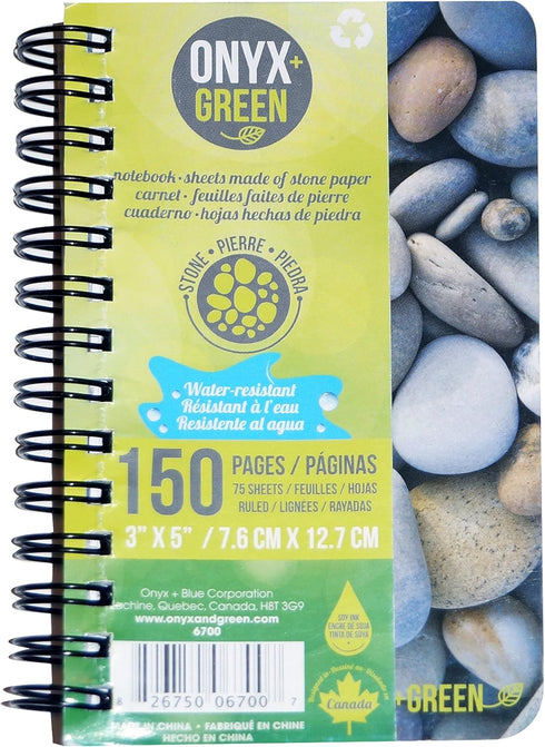 Onyx and Green Notebook, 3 x 5 Inches, Side Coil, 75 Ruled Sheets, Stone Paper