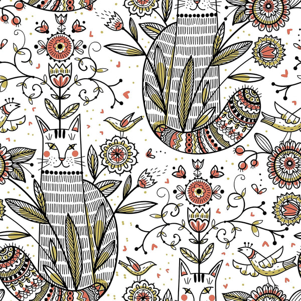 VEELIKE Boho Cat Wallpaper Peel and Stick Cat Themed Floral Wallpaper for