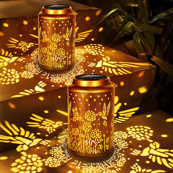 Brizled Hummingbird Solar Lantern Lights, 2 Pack LED Hollow Out Hanging Lantern