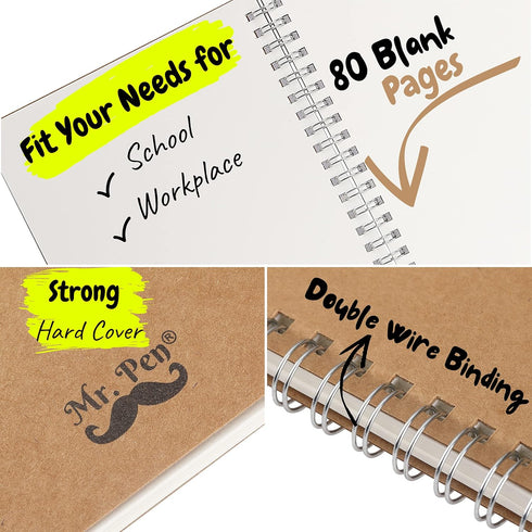 Mr. Pen Spiral Notebook: A5 Kraft Cover, 2 Pack, 80 Pages, Sketch Book, Drawing Notebook, Unlined Journal