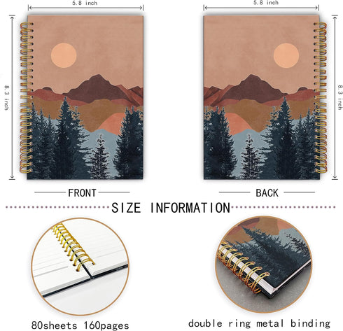 Boho Sun Mountain Abstract Spiral Notebook, Laminated Hard Cover, College Ruled 5.5×8.3 Inches, Journal for Writing