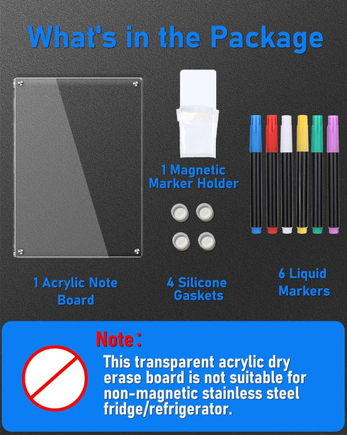 Clear Acrylic Magnetic Dry Erase Board for Fridge, 12"x8" Magnetic Weekly Planner Calendar with 6 Colors Markers