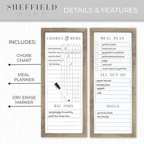 Sheffield Home 9x21 Inch Dry Erase Chore Chart, Weekly Meal Planner and Errands List, Set of 2, Natural