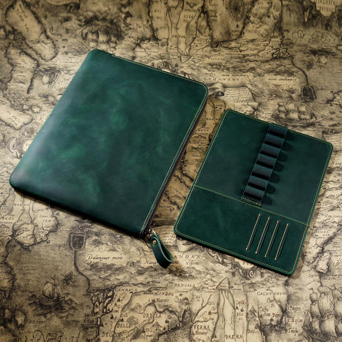 Genuine Leather Zip Pen Case - Creative 7 Slots with Removable Pen Tray Holder (Green)