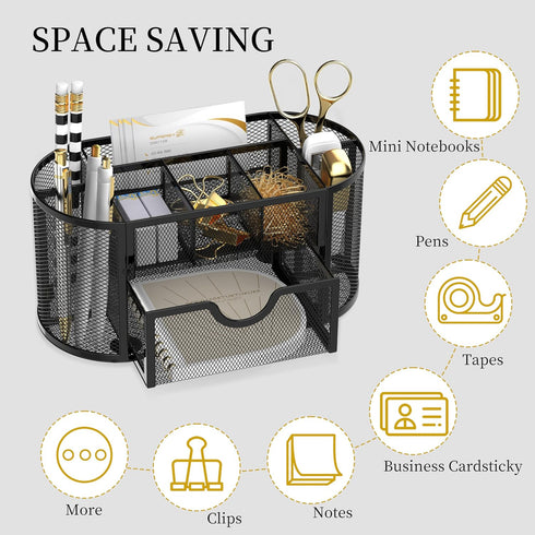 SUPEASY Black Mesh Desk Organizer, 9 Compartments with Drawers for Office Supplies, 8.6 x 4.3 x 4.1 Inch