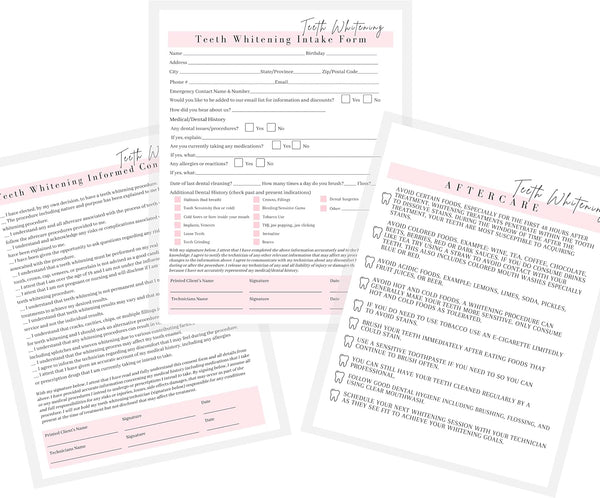 Boutique Marketing LLC Teeth Whitening Consent Form, Intake Form, Aftercare Form | 75 Pack |