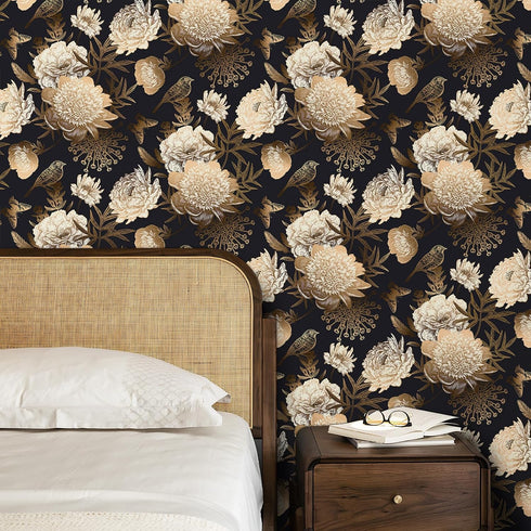 17.5x354 Inch Decotalk Dark Floral Wallpaper Peel and Stick Black Floral Wallpaper Removable Gold and Black Flower Wall