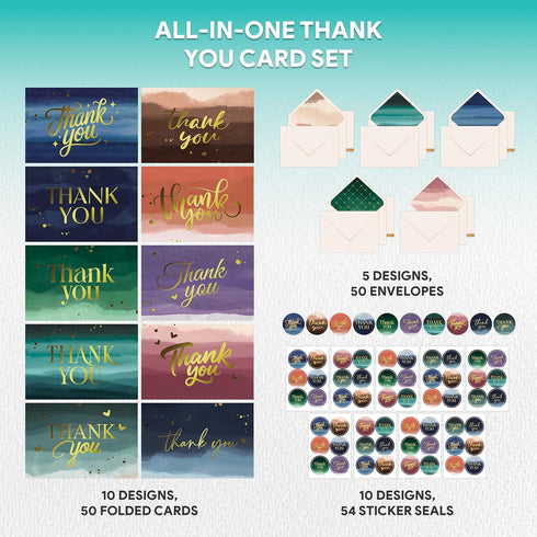 50 Pack 6x4in 10 Decorably Gold-Foiled Watercolor Blank Thank You Cards with Envelopes Bulk and Stickers, Folded