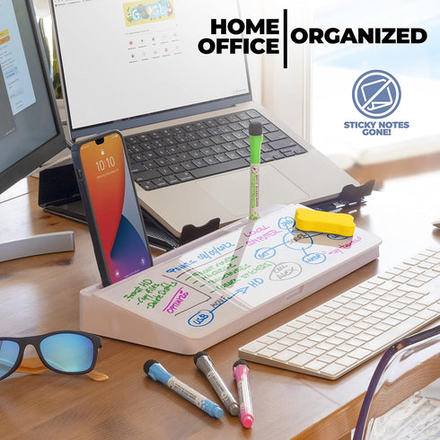 Desktop Whiteboard, Glass Dry Erase White Board, Desk Computer Buddy with Phone & Tablet Slot, Includes 4 Markers, 1