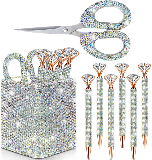 Qilery 8 Pcs Bling Desk Accessories for Valentines, Includes Bling Pen Holder, Crystal Pens, Scissors, Makeup Brush