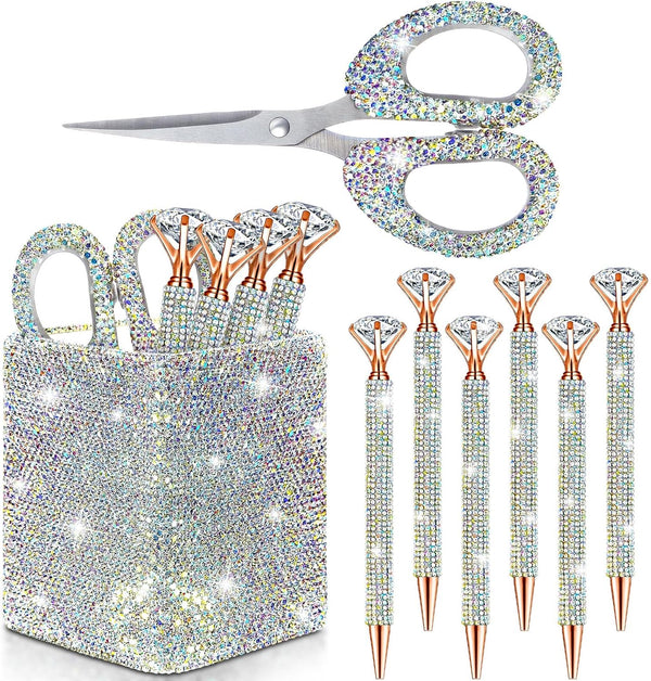 Qilery 8 Pcs Bling Desk Accessories for Valentines, Includes Bling Pen Holder, Crystal Pens, Scissors, Makeup Brush