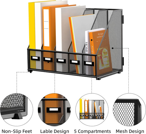 DALTACK Metal Desk Organizers, Magazine File Holder with 5 Vertical Compartments for Office Home School, Black