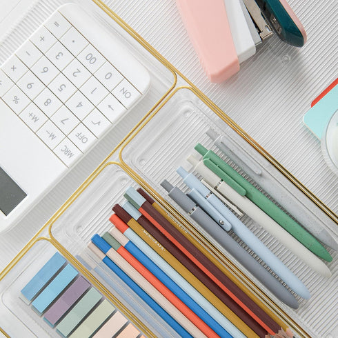 Martha Stewart Kerry Plastic Stackable Office Desk Drawer Organizers, Set of 5 with Gold Trim