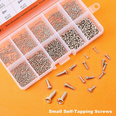 1000Pcs Mini Screw Kit, M1 M1.2 M1.4 M1.7 Phillips Pan Head Micro Screws, Self-Tapping, Nickel-Plated