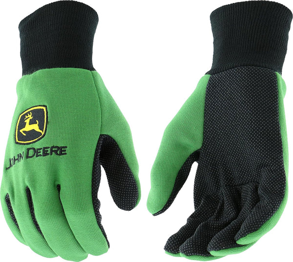 John Deere JD00002 Jersey Gloves, 10 oz Youth Gloves, Ribbed Knit Wrist, Green/Black