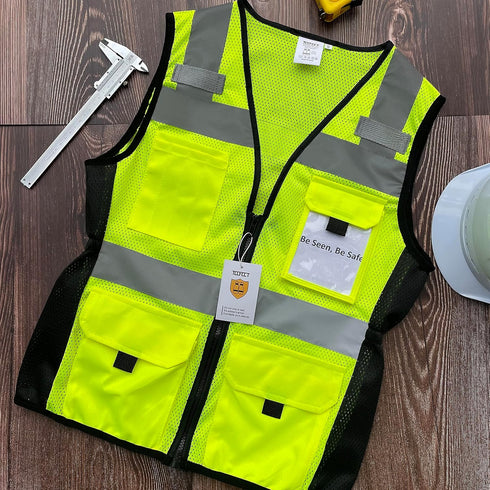 TCCFCCT Women's High Visibility Reflective Vest, 11 Pockets Neon Construction Work Vest with Zipper