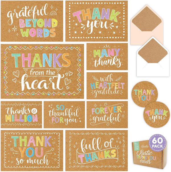 Decorably 60 Pack 6x4in Rustic Thank You Cards Bulk with Envelopes &